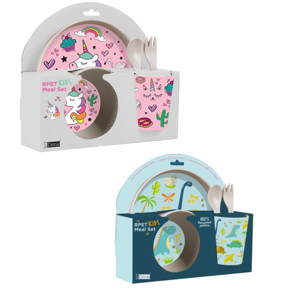 Set 5 in 1 con bicchiere, piatto, cucchiaio e forchetta in rpet