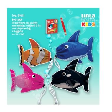 Bustina sagomata pesce in poliestere con 5 matitoni e temperino tinta unita kids